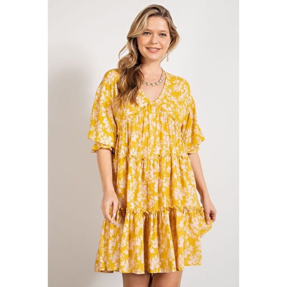 easel Dresses Easel Sunflower Floral Printed V Neck Tiered Ruffled
